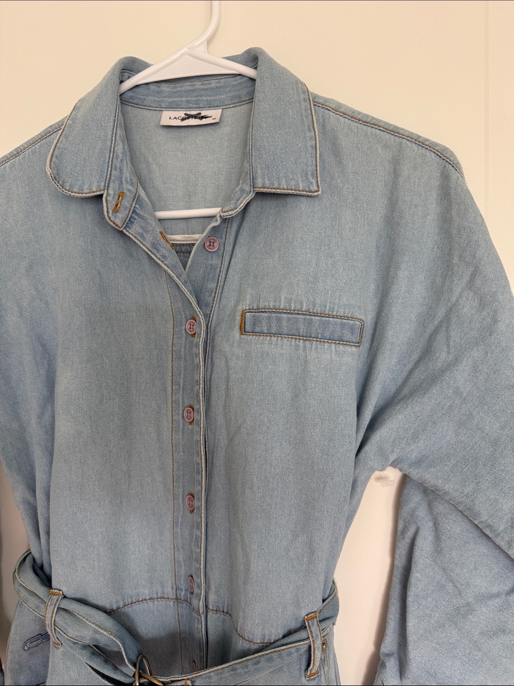 LACOSTE Light Blue Denim Belted Dress with Collar Sz 36 Long Sleeves Denim Mini - Picture 3 of 10